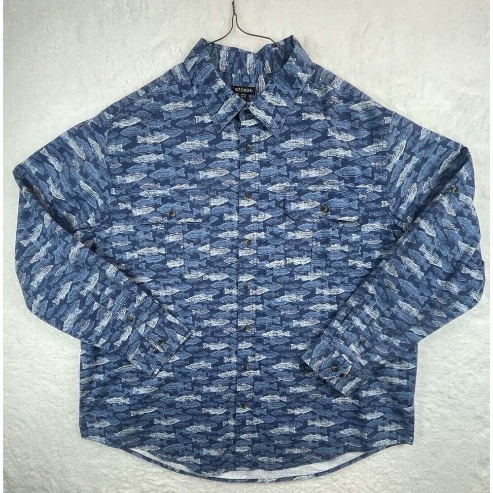 Big & Tall XXXL‎ Estate Blue Fish Pattern Heavy Cotton Long Sleeve Fishing Shirt
